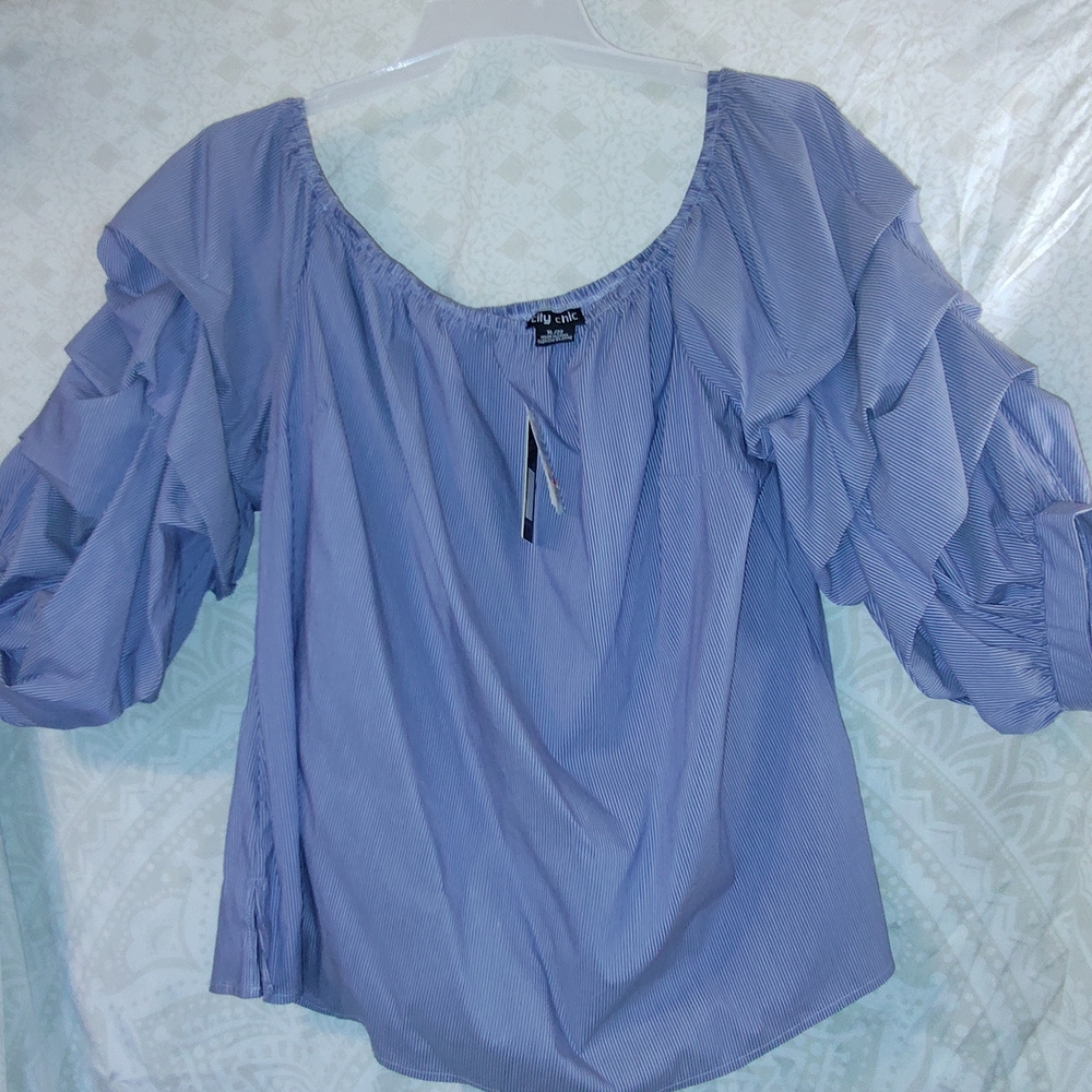 City Chic Striped Blue Ruffle Blouse